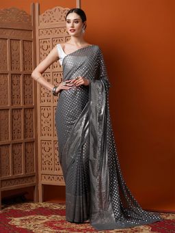 Akhilam - Womens Georgette Grey Printed Designer Saree with Unstitched Blouse