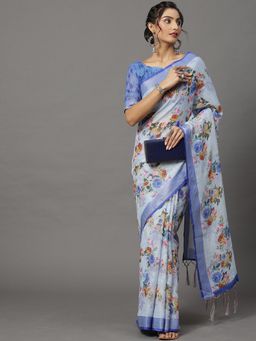 Akhilam - Womens Linen Blue Printed Designer Saree with Unstitched Blouse