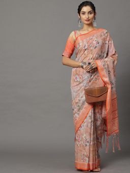 Akhilam - Womens Linen Peach Printed Designer Saree with Unstitched Blouse