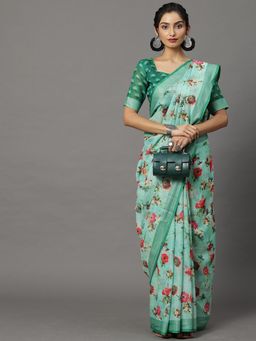 Akhilam - Womens Linen Sea Green Printed Designer Saree with Unstitched Blouse