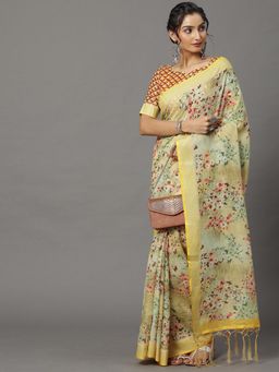 Akhilam - Womens Linen Yellow Printed Designer Saree with Unstitched Blouse