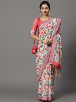 Akhilam - Womens Linen Off White Printed Designer Saree with Unstitched Blouse