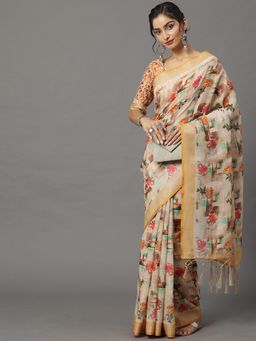 Akhilam - Womens Linen Beige Printed Designer Saree with Unstitched Blouse