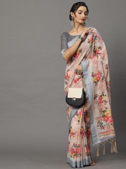 Akhilam - Womens Linen Peach Printed Designer Saree with Unstitched Blouse