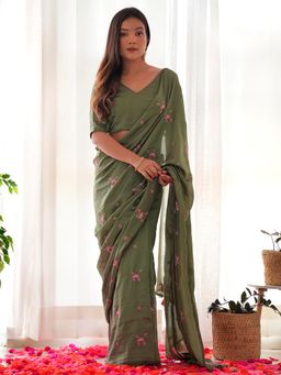 Sareemall - Womens Vichitra Silk Olive Embroidered Designer Saree with Unstitched Blouse