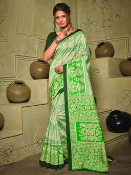 Akhilam - Womens Bhagalpuri Silk Green Printed Designer Saree with Unstitched Blouse