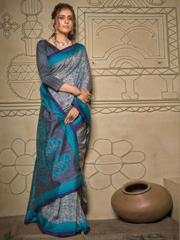 Akhilam - Womens Bhagalpuri Silk Grey Printed Designer Saree with Unstitched Blouse