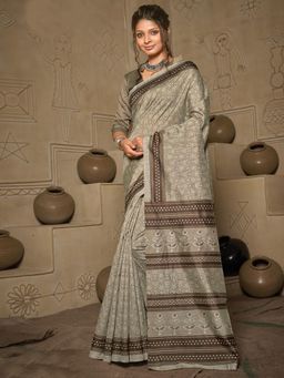 Akhilam - Womens Bhagalpuri Silk Grey Printed Designer Saree with Unstitched Blouse