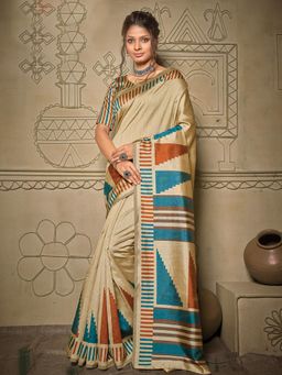 Akhilam - Womens Bhagalpuri Silk Beige Printed Designer Saree with Unstitched Blouse