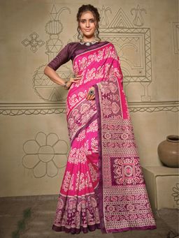 Akhilam - Womens Bhagalpuri Silk Pink Printed Designer Saree with Unstitched Blouse