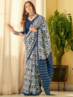 Sareemall - Womens Bhagalpuri Silk Navy Blue Printed Designer Saree with Unstitched Blouse