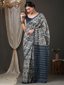 Akhilam - Womens Bhagalpuri Silk Navy Blue Printed Designer Saree with Unstitched Blouse