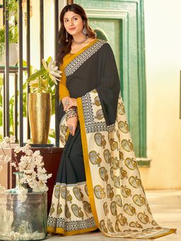 Akhilam - Womens Bhagalpuri Silk Black Printed Designer Saree with Unstitched Blouse