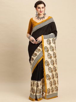Akhilam - Womens Bhagalpuri Silk Black Printed Designer Saree with Unstitched Blouse