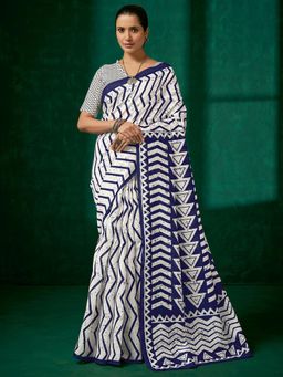 Akhilam - Womens Bhagalpuri Silk White Printed Designer Saree with Unstitched Blouse