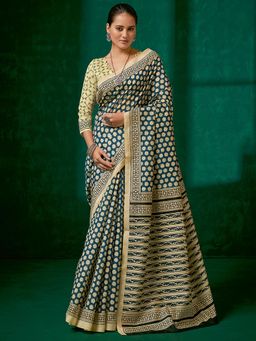 Akhilam - Womens Bhagalpuri Silk Teal Blue Printed Designer Saree with Unstitched Blouse