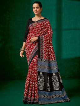 Akhilam - Womens Bhagalpuri Silk Maroon Printed Designer Saree with Unstitched Blouse