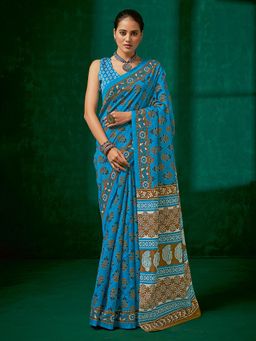 Akhilam - Womens Bhagalpuri Silk Blue Printed Designer Saree with Unstitched Blouse