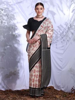 Akhilam - Womens Bhagalpuri Silk Cream Printed Designer Saree with Unstitched Blouse