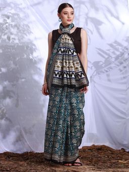 Akhilam - Womens Bhagalpuri Silk Teal Blue Printed Designer Saree with Unstitched Blouse