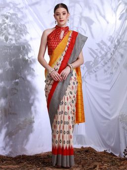 Akhilam - Womens Bhagalpuri Silk Cream Printed Designer Saree with Unstitched Blouse