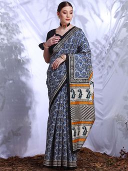 Akhilam - Womens Bhagalpuri Silk Blue Printed Designer Saree with Unstitched Blouse