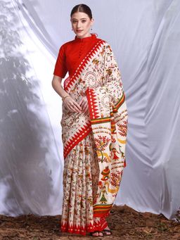 Akhilam - Womens Bhagalpuri Silk Cream Printed Designer Saree with Unstitched Blouse