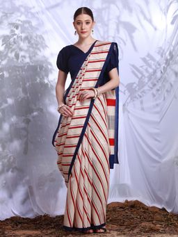 Akhilam - Womens Bhagalpuri Silk Cream Printed Designer Saree with Unstitched Blouse