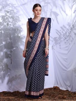 Akhilam - Womens Bhagalpuri Silk Navy Blue Printed Designer Saree with Unstitched Blouse
