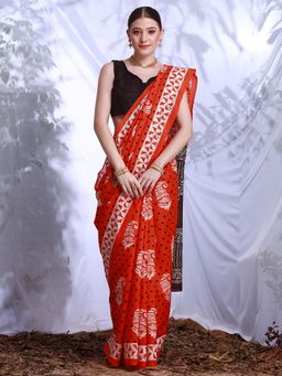 Akhilam - Womens Bhagalpuri Silk Orange Printed Designer Saree with Unstitched Blouse