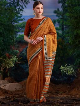 Akhilam - Womens Bhagalpuri Silk Mustard Printed Designer Saree with Unstitched Blouse