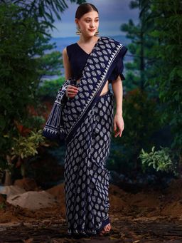 Akhilam - Womens Bhagalpuri Silk Navy Blue Printed Designer Saree with Unstitched Blouse