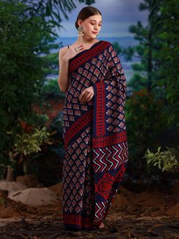 Akhilam - Womens Bhagalpuri Silk Navy Blue Printed Designer Saree with Unstitched Blouse