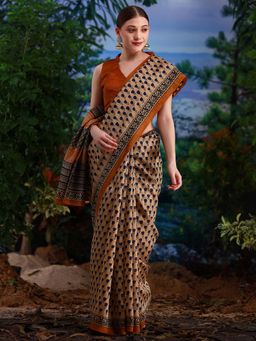 Akhilam - Womens Bhagalpuri Silk Beige Printed Designer Saree with Unstitched Blouse