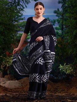 Akhilam - Womens Bhagalpuri Silk Navy Blue Printed Designer Saree with Unstitched Blouse