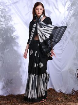 Akhilam - Womens Bhagalpuri Silk Black Shibori Designer Saree with Unstitched Blouse