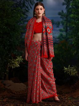 Akhilam - Womens Bhagalpuri Silk Red Printed Designer Saree with Unstitched Blouse