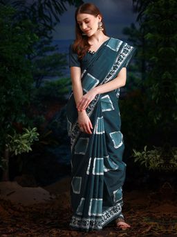 Akhilam - Womens Bhagalpuri Silk Teal Blue Printed Designer Saree with Unstitched Blouse