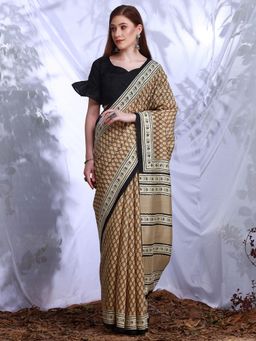 Akhilam - Womens Bhagalpuri Silk Beige Printed Designer Saree with Unstitched Blouse
