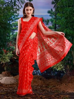 Akhilam - Womens Bhagalpuri Silk Red Printed Designer Saree with Unstitched Blouse