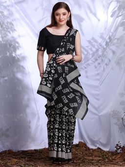 Akhilam - Womens Bhagalpuri Silk Black Printed Designer Saree with Unstitched Blouse