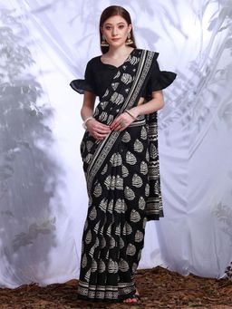 Akhilam - Womens Bhagalpuri Silk Black Printed Designer Saree with Unstitched Blouse