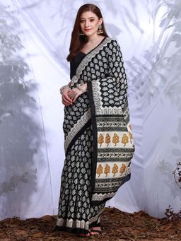Akhilam - Womens Bhagalpuri Silk Black Printed Designer Saree with Unstitched Blouse