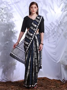 Akhilam - Womens Bhagalpuri Silk Black Printed Designer Saree with Unstitched Blouse