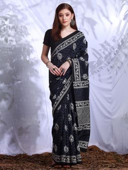 Akhilam - Womens Bhagalpuri Silk Black Printed Designer Saree with Unstitched Blouse