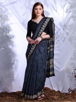 Akhilam - Womens Bhagalpuri Silk Blue Printed Designer Saree with Unstitched Blouse