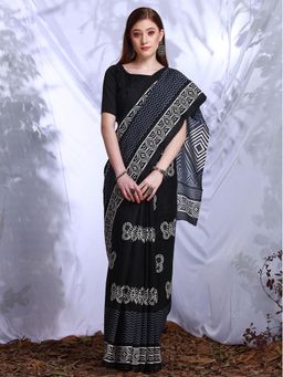 Akhilam - Womens Bhagalpuri Silk Black Printed Designer Saree with Unstitched Blouse
