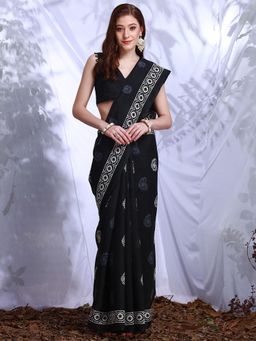 Akhilam - Womens Bhagalpuri Silk Black Printed Designer Saree with Unstitched Blouse