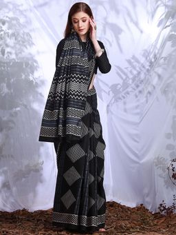 Akhilam - Womens Bhagalpuri Silk Black Printed Designer Saree with Unstitched Blouse