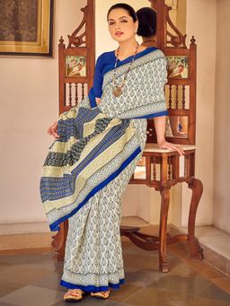 Akhilam - Womens Bhagalpuri Silk Cream Printed Celebrity Saree with Unstitched Blouse